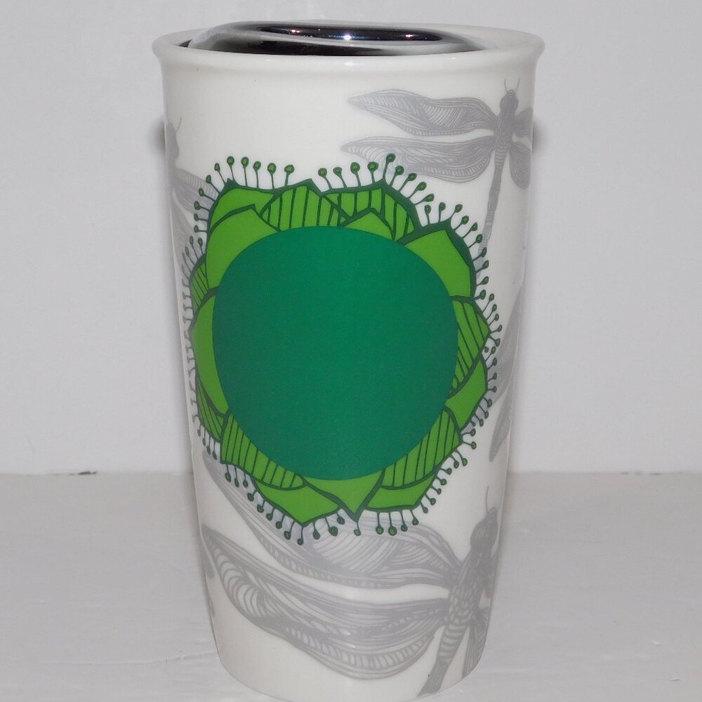2014 Starbucks Green Lotus Silver Dragonfly Ceramic Travel Tumbler Mug Lid